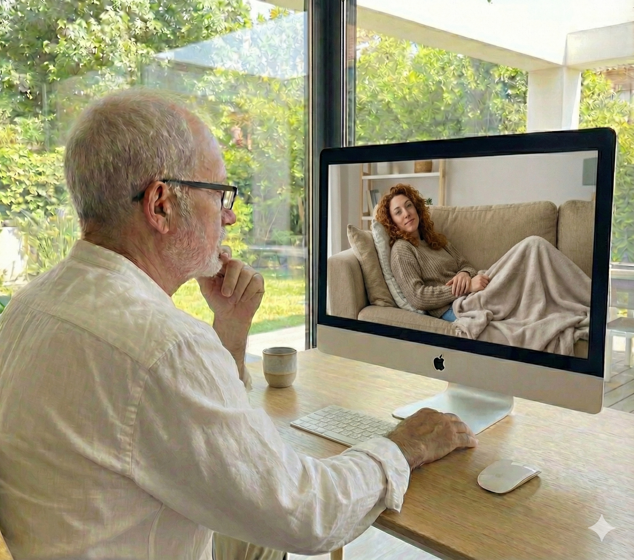Persona en sesión online tumbada, acompañada a distancia